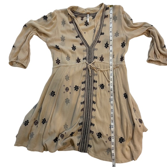 Free People Star Gazer Embroidered Peasant Dress Neutral Color Combo 3/4 Sleeve - Picture 12 of 12